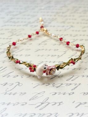 Les Néréides Enchanted Encounter Rabbit & Pink Flower Thin Chain Cuff Bracelet